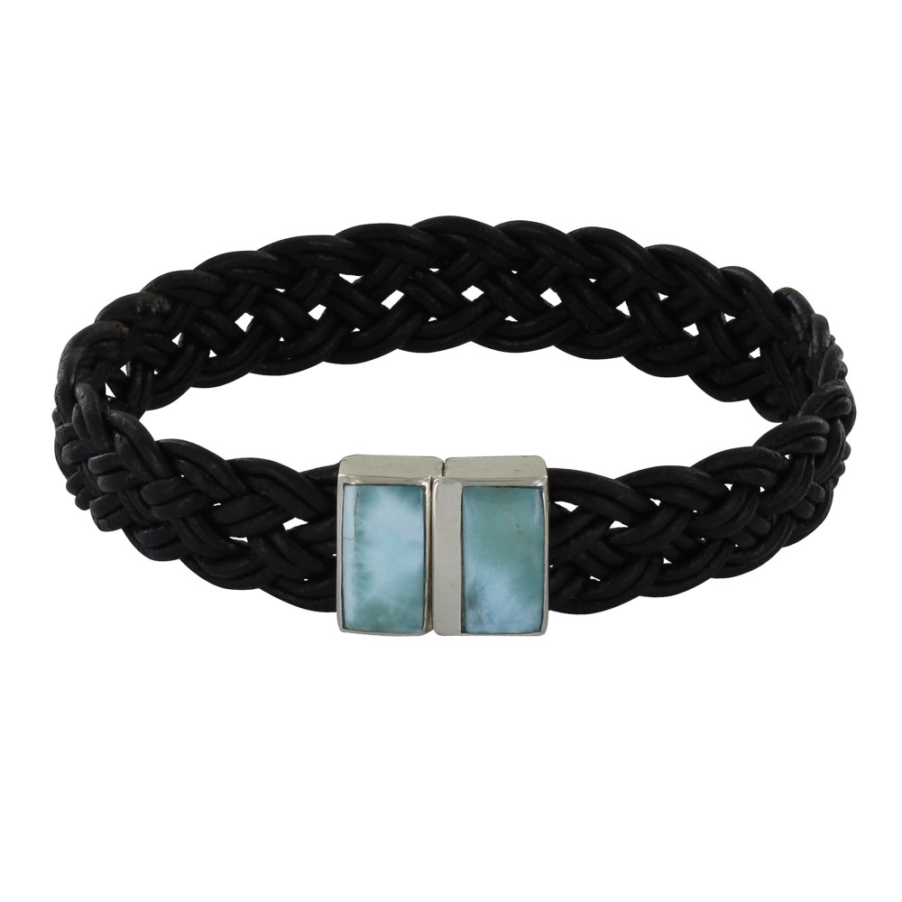 LES POULETTES BIJOUX Bracelet Homme Tresse Cuir Noir et Deux Rectangles de Larimar -
