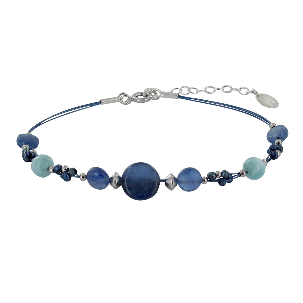 LES POULETTES BIJOUX - Bracelet Câbles Bleus Boutons Cyanite et Perles de Larimar