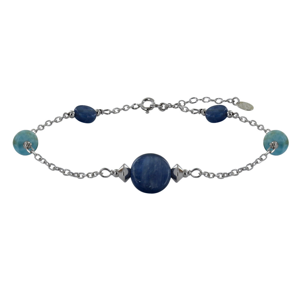 LES POULETTES BIJOUX Bracelet Chaine Argent Boutons Cyanite et Anneaux de Larimar