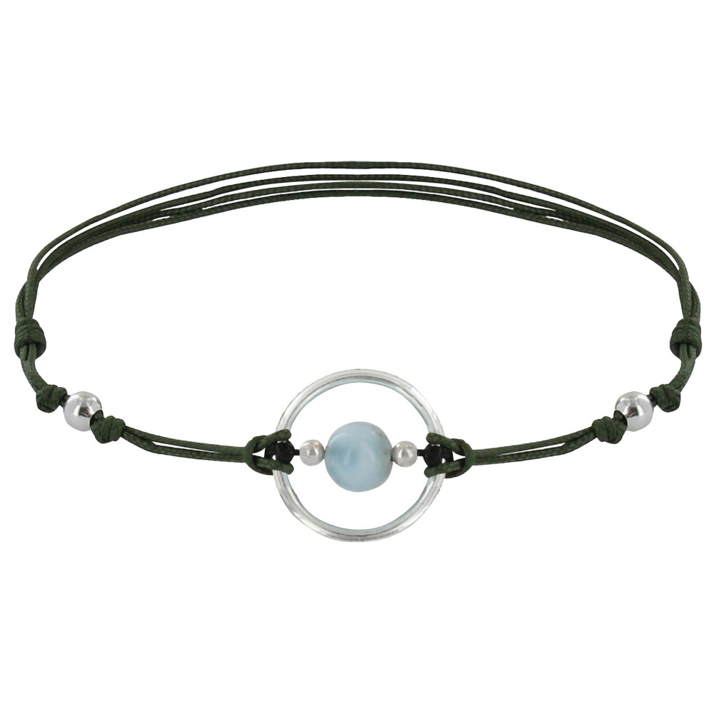 LES POULETTES BIJOUX Bracelet Lien Cercle Argent et Une Perle de Larimar - Vert kaki