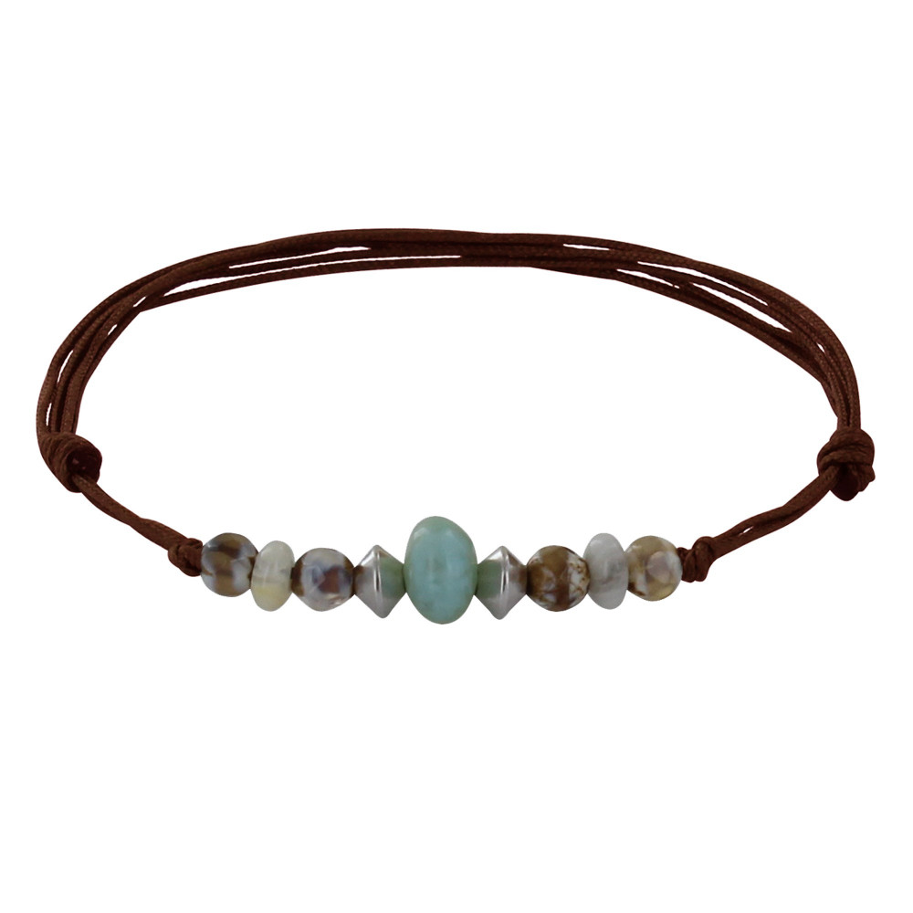LES POULETTES BIJOUX Bracelet Lien Anneau de Larimar et Six Perles d'Agate Facettées