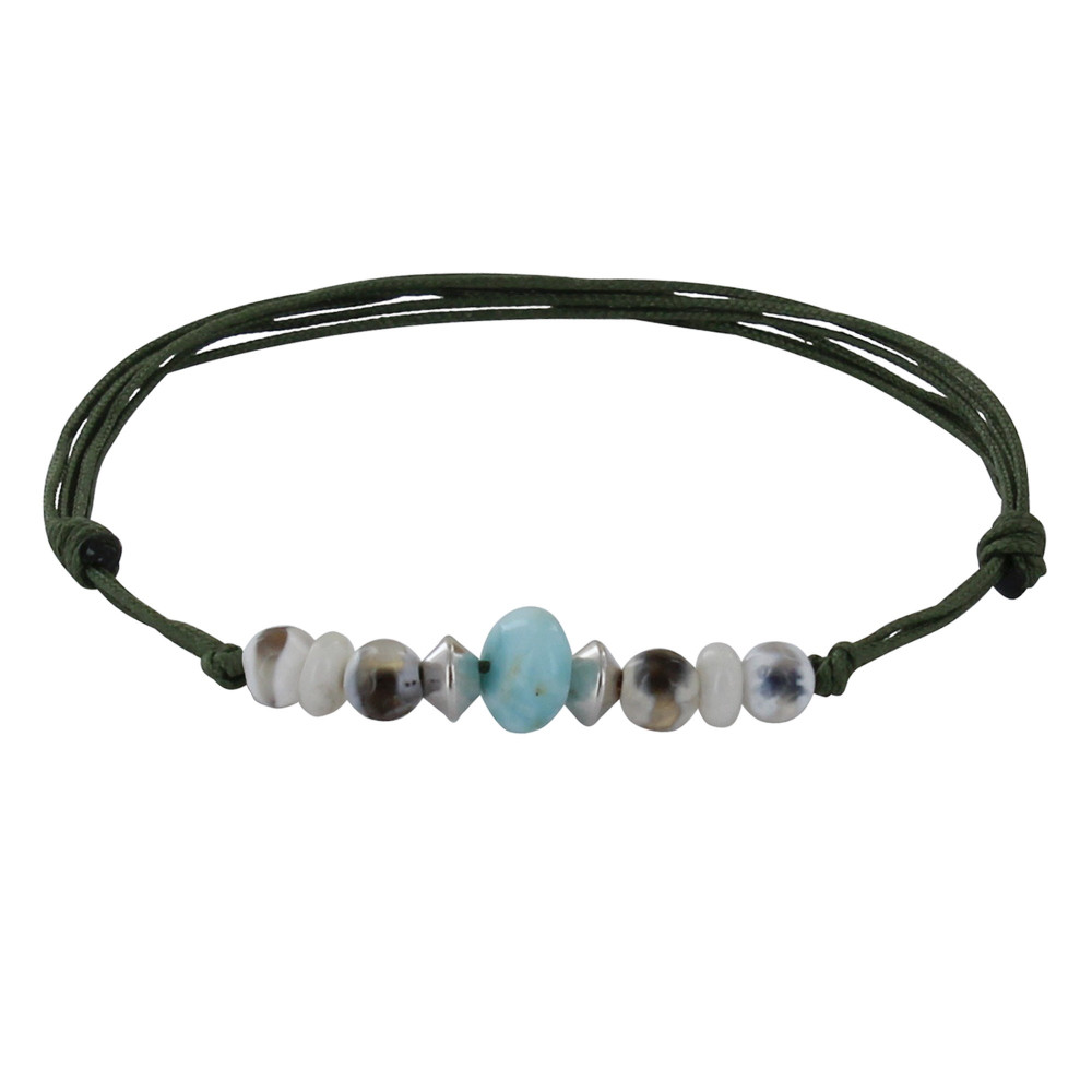 LES POULETTES BIJOUX Bracelet Lien Anneau de Larimar et Six Perles d'Agate Facettées