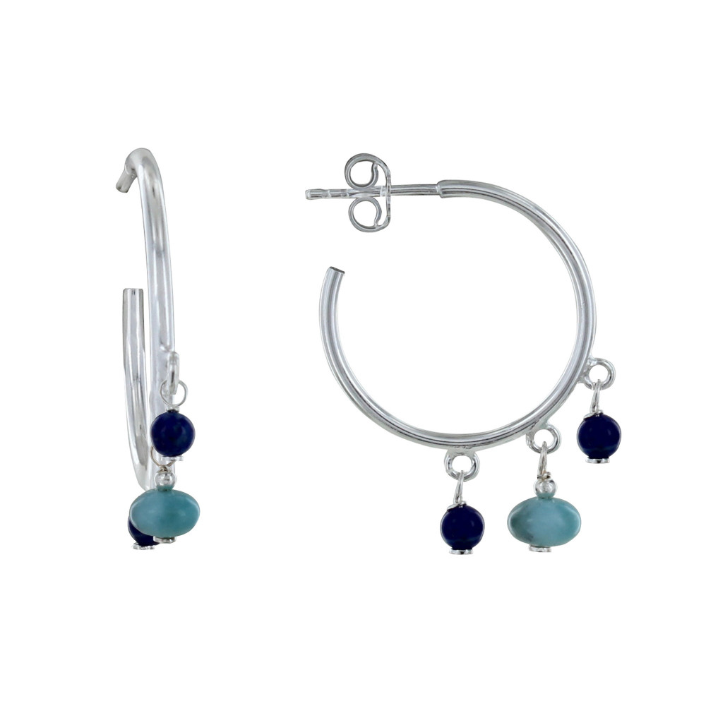 LES POULETTES BIJOUX Boucles d'Oreilles Argent Créoles Breloques de Larimar et Lapis