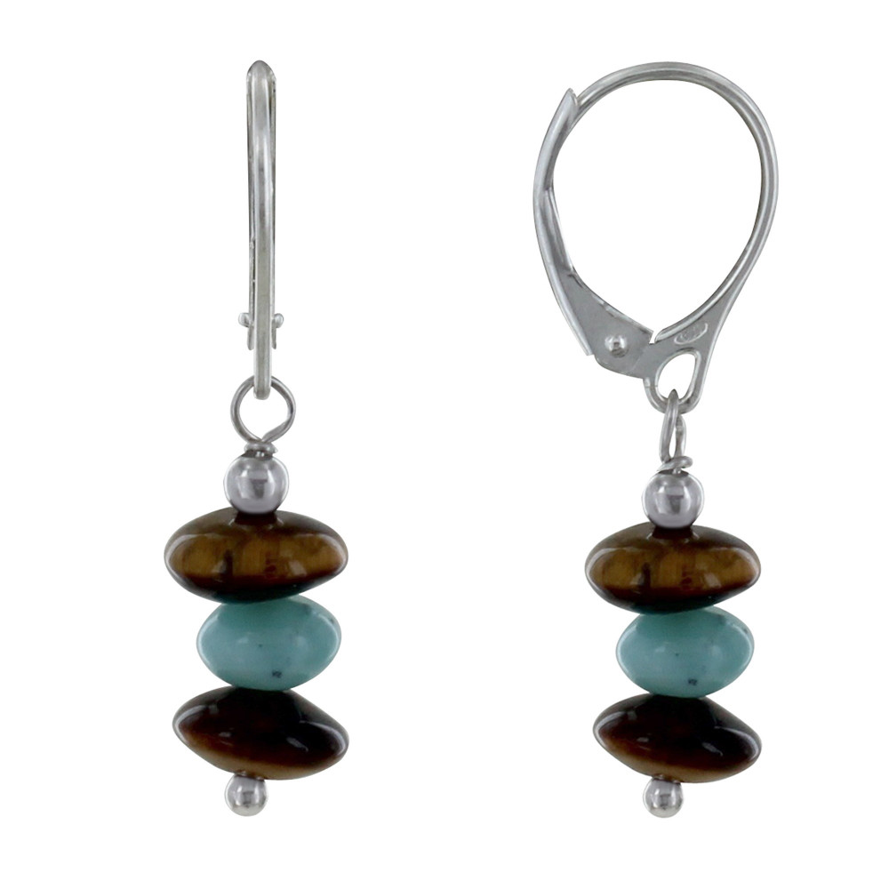 LES POULETTES BIJOUX - Boucles d'Oreilles Argent Dormeuse Deux Anneaux Oeil de Tigre
