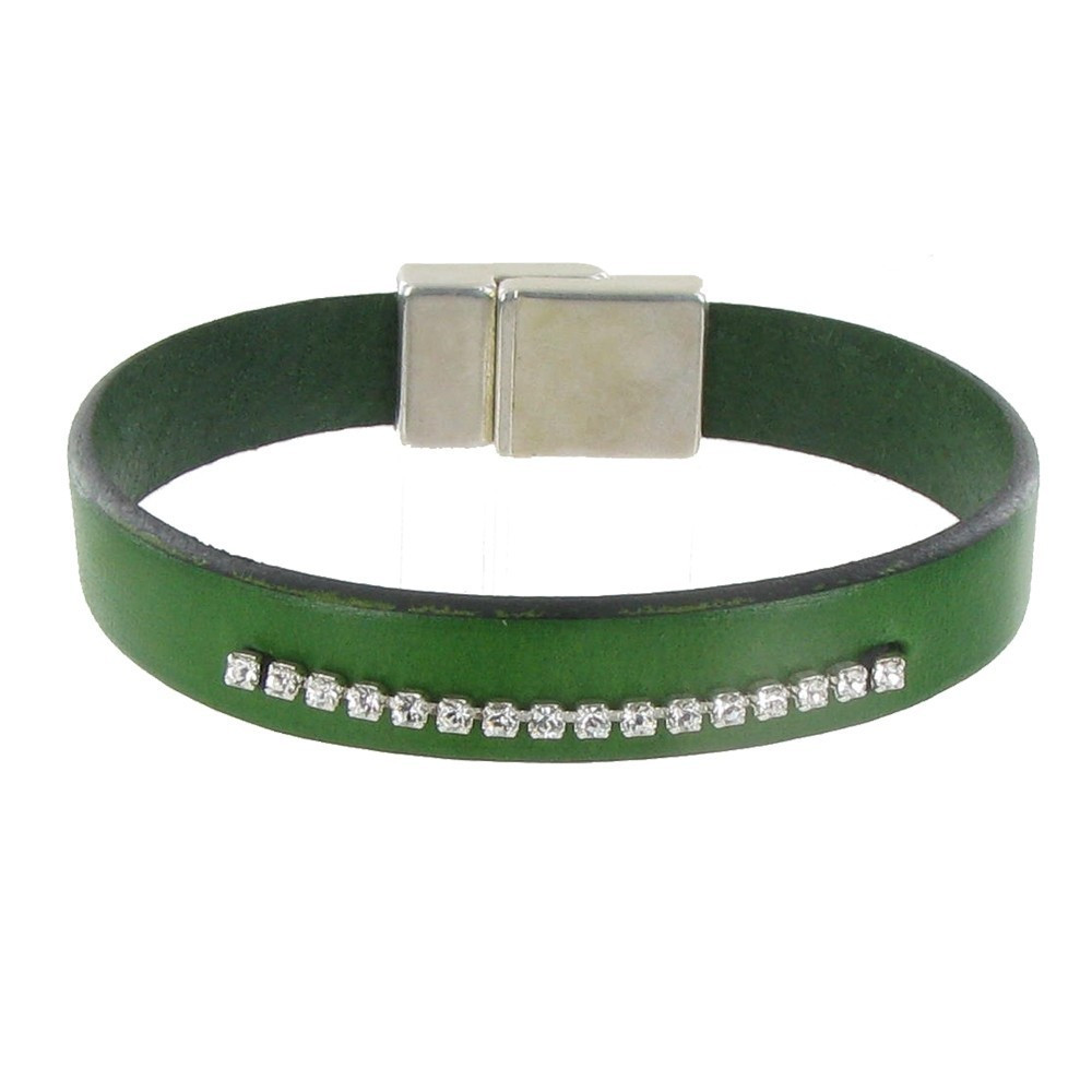 LES POULETTES BIJOUX Bracelet Cuir et Barrette de Strass - Colors - Vert