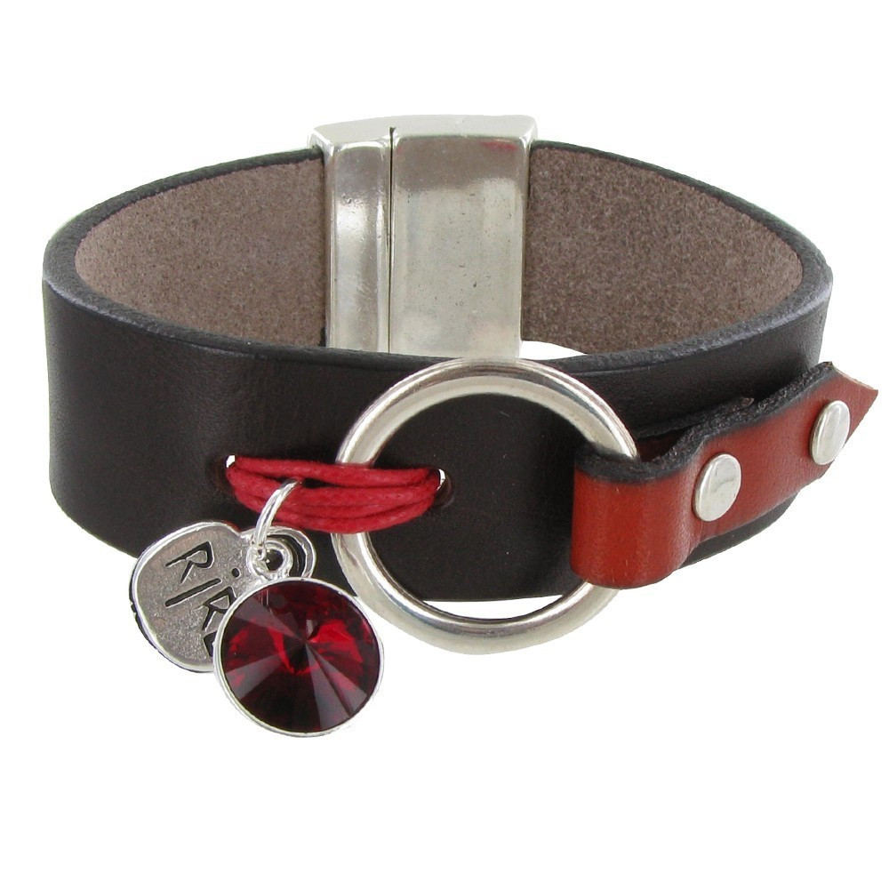 LES POULETTES BIJOUX Bracelet Cuir Marron Cristal et Médaille Rire - Classics - Rouge
