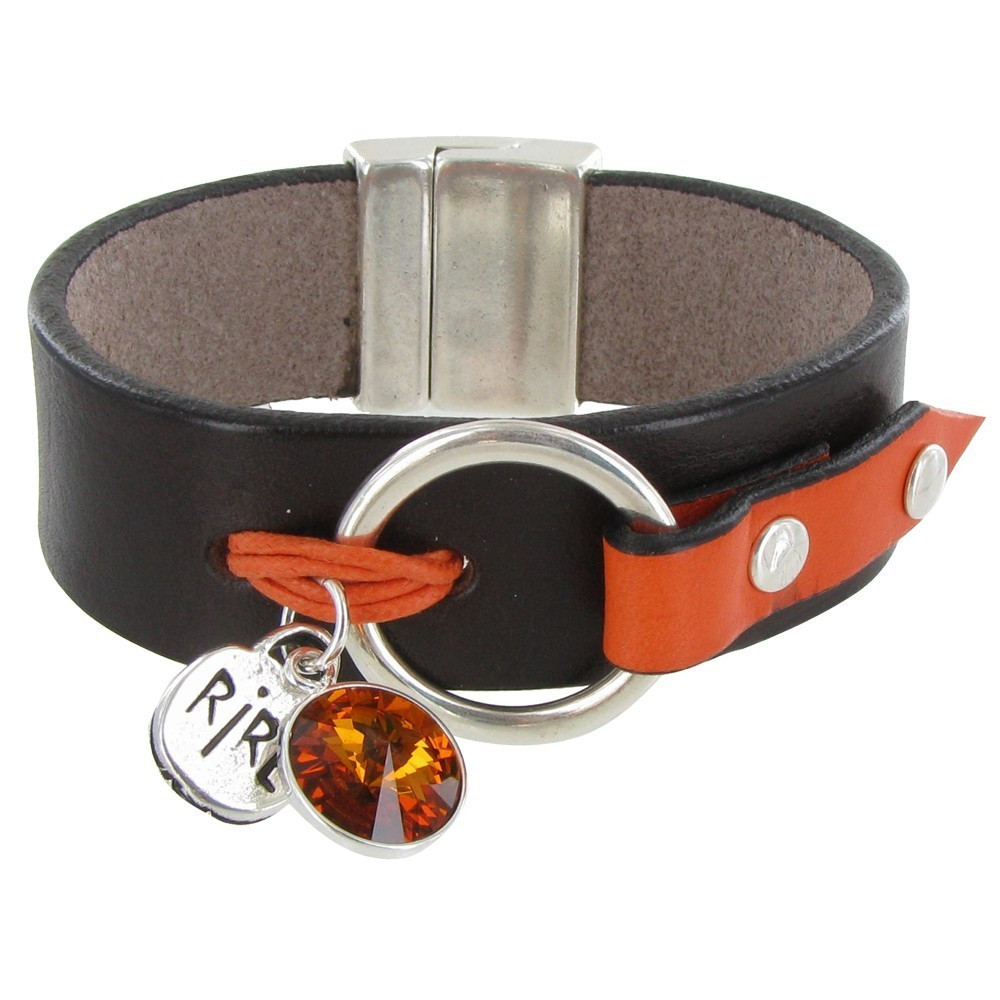 LES POULETTES BIJOUX Bracelet Cuir Marron Cristal et Médaille Rire - Colors - Orange
