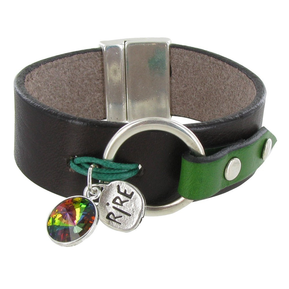 LES POULETTES BIJOUX Bracelet Cuir Marron Cristal et Médaille Rire - Colors - Vert
