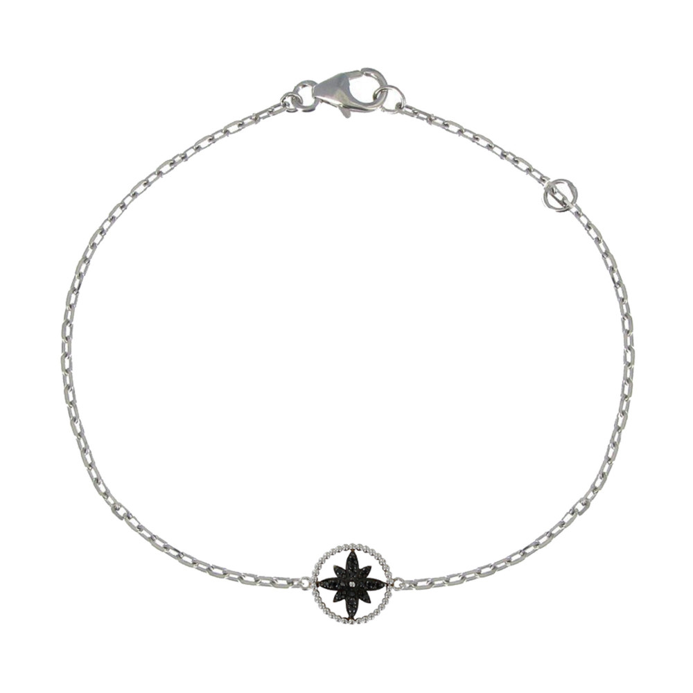 LES POULETTES BIJOUX Bracelet Argent Rhodié Cercle de Bille et Fleur de Strass Noir