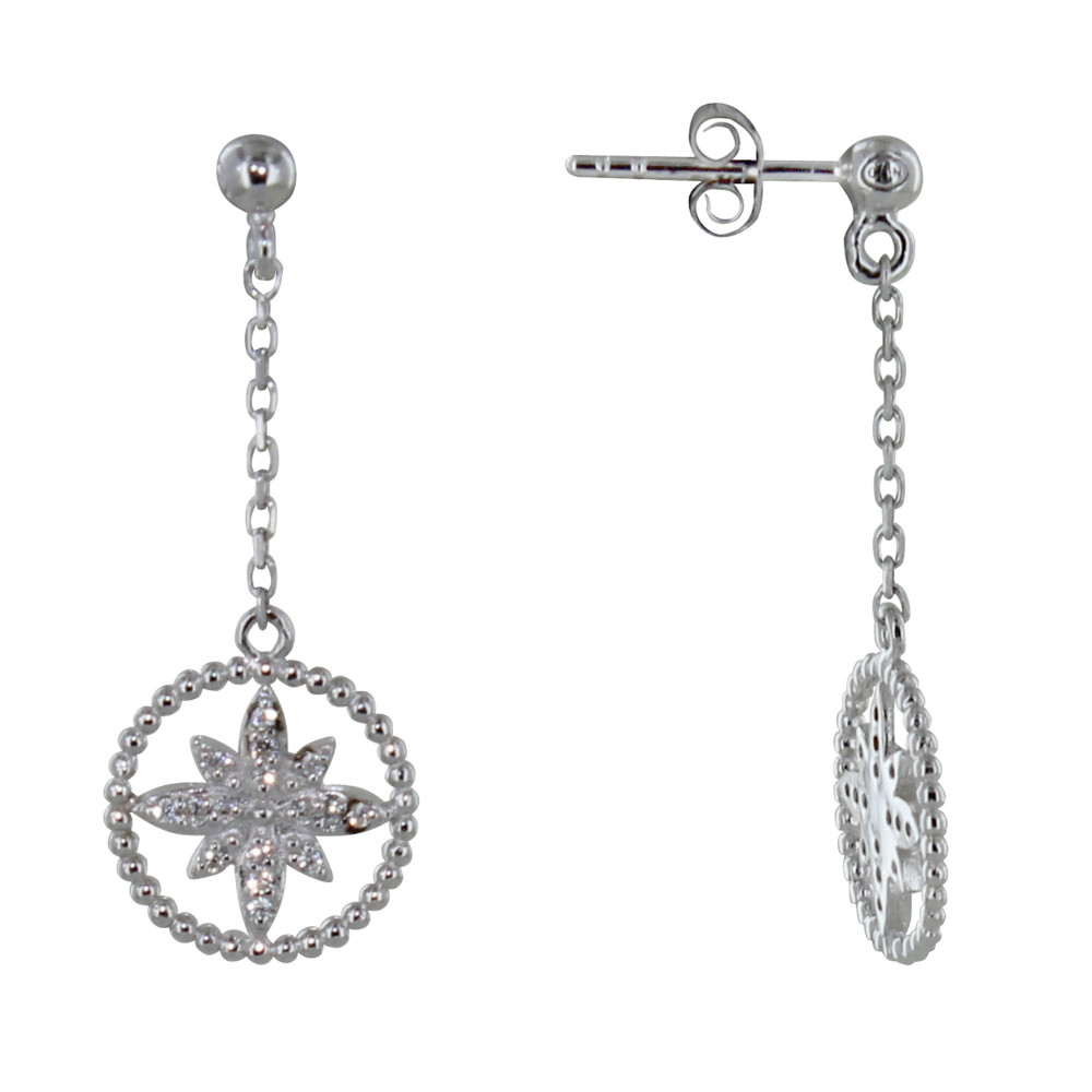 LES POULETTES BIJOUX Boucles d'Oreilles Argent Rodhié Cercle de Billes et Fleur de S