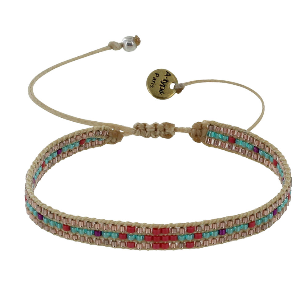 LES POULETTES BIJOUX Bracelet Mosaïc Perles et Lien Tréssé Beige - Fuchsia