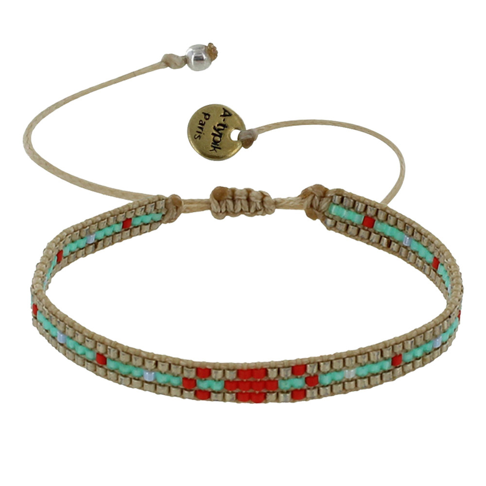 LES POULETTES BIJOUX Bracelet Mosaïc Perles et Lien Tréssé Beige - Rouge
