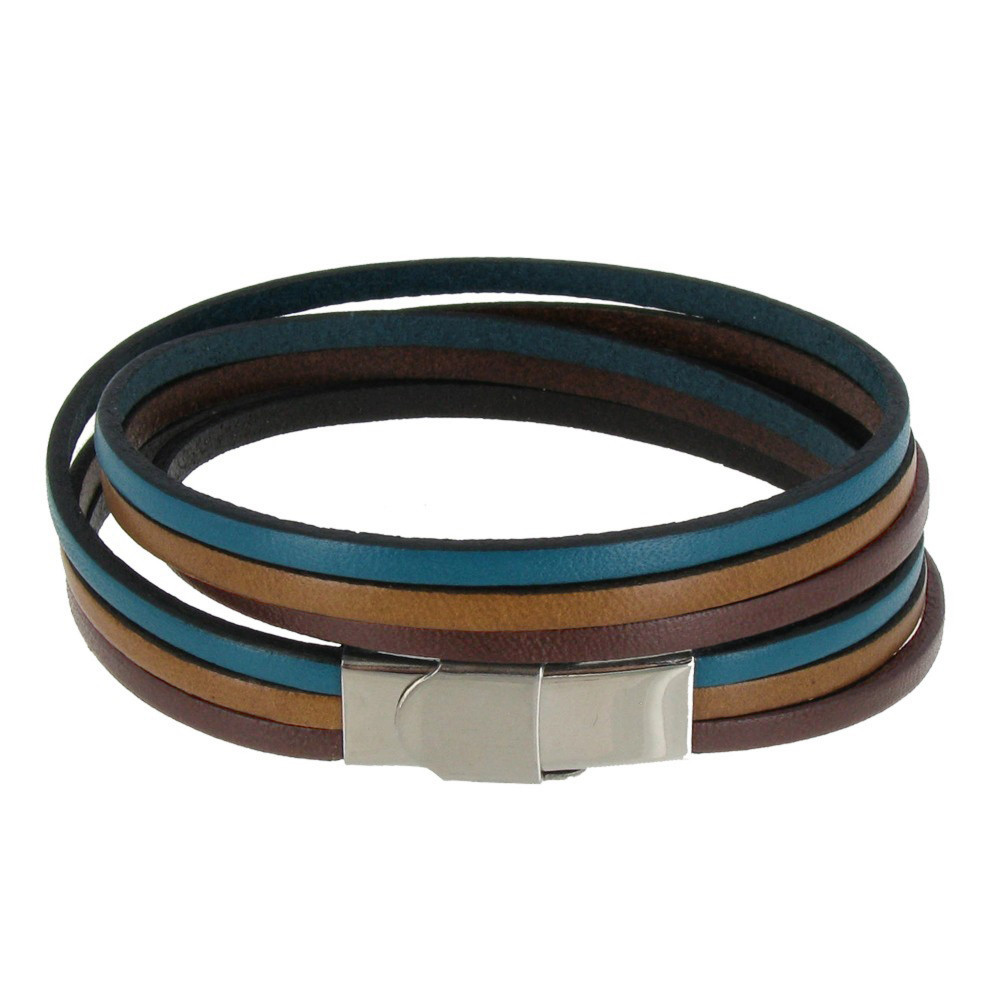 LES POULETTES BIJOUX Bracelet Femme Cuir Trois Lanières Turquoise Marron Fermoir Aci