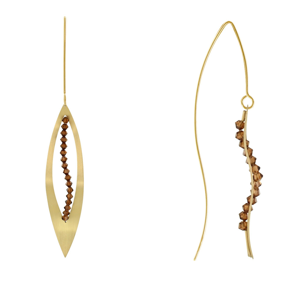 LES POULETTES BIJOUX Boucles d'Oreilles Plaqué Or Feuille Ajourée et Cristal Marron