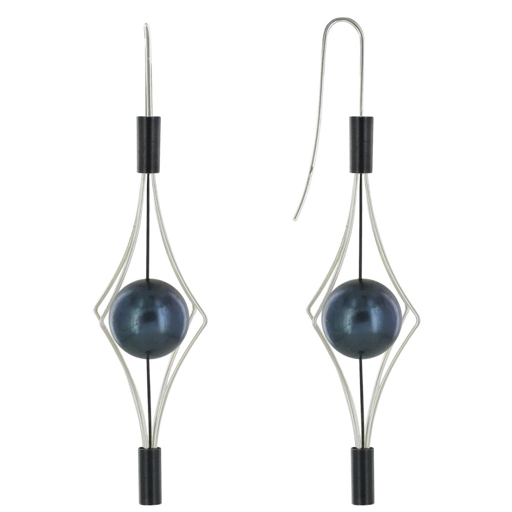 LES POULETTES BIJOUX Boucles d'Oreilles Argent et Argent Oxydé Lanterne et Perle Noi
