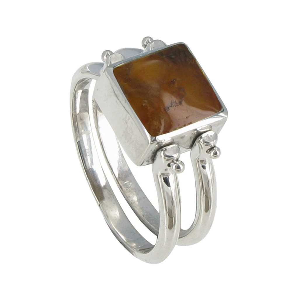 LES POULETTES BIJOUX Bague Double Anneaux Argent Réversible Carré de Larimar et Ambre