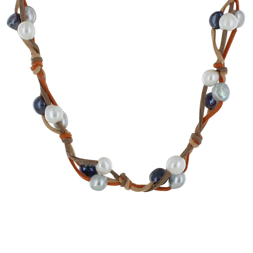 LES POULETTES BIJOUX Collier 24 Perles Forme Baroque Lien en Suedine Tricolore