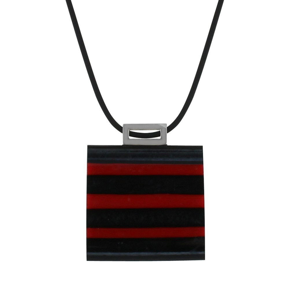 LES POULETTES BIJOUX Collier Zèbre Verre Carré Rayures Noires et Rouges
