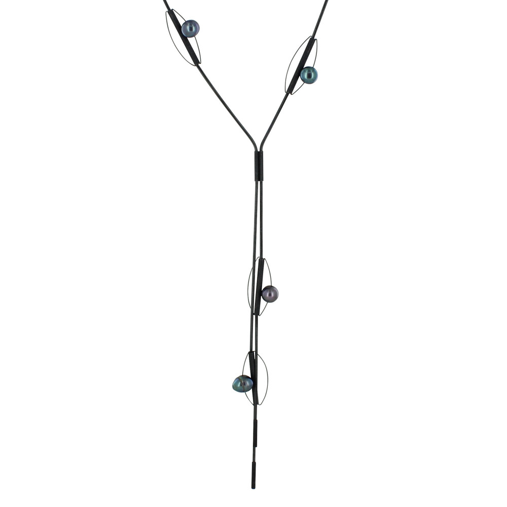 LES POULETTES BIJOUX Collier Cravate Argent Oxydé et 7 Perles Noires
