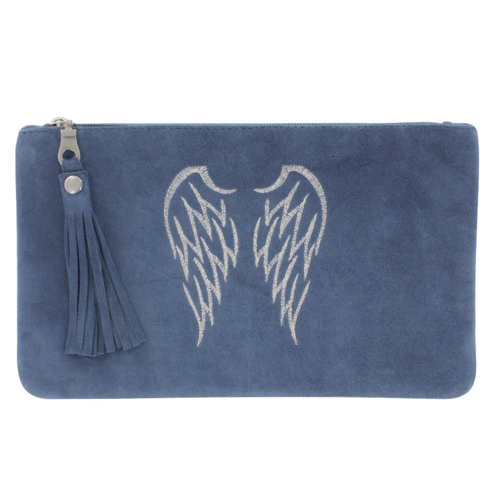 LES POULETTES BIJOUX - Pochette Sac Daim Brodé Deux Ailes d'Ange Couleur Bleues