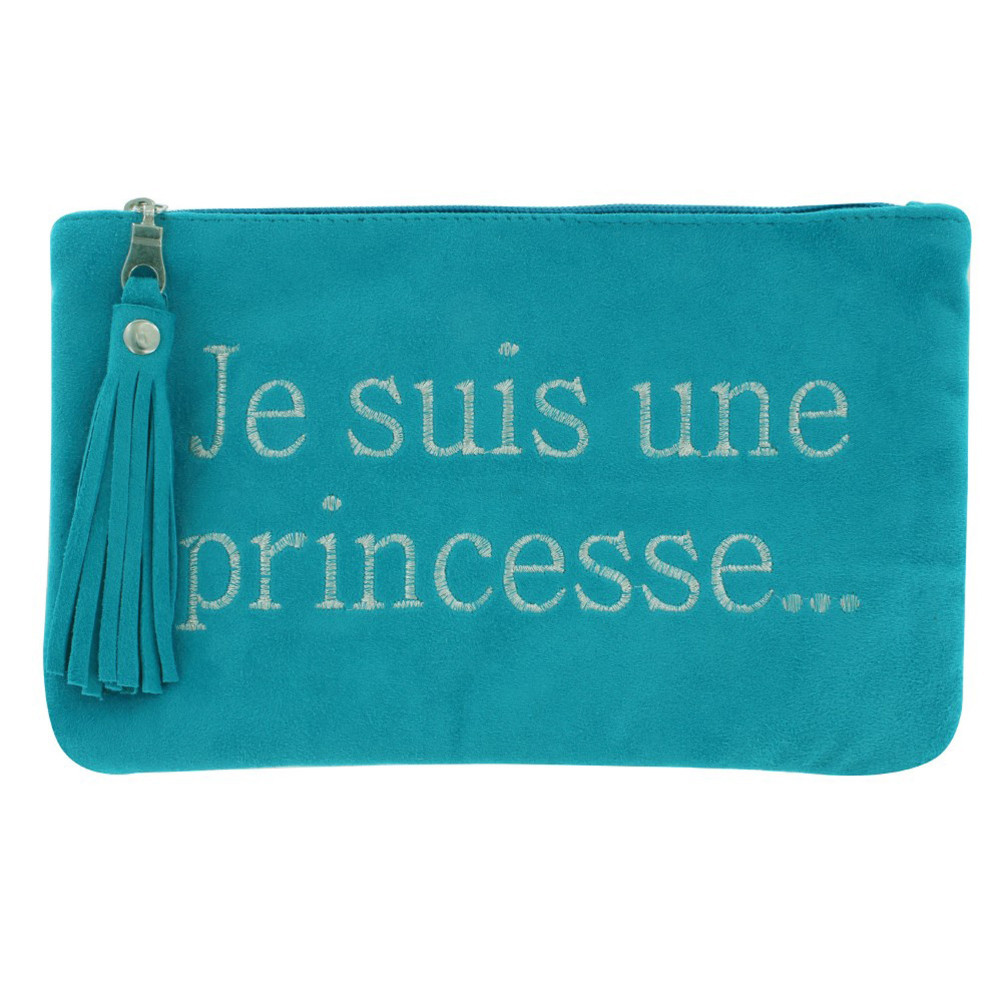 LES POULETTES BIJOUX - Pochette Sac Daim Brodé Je Suis une Princesse Couleur Turquoi