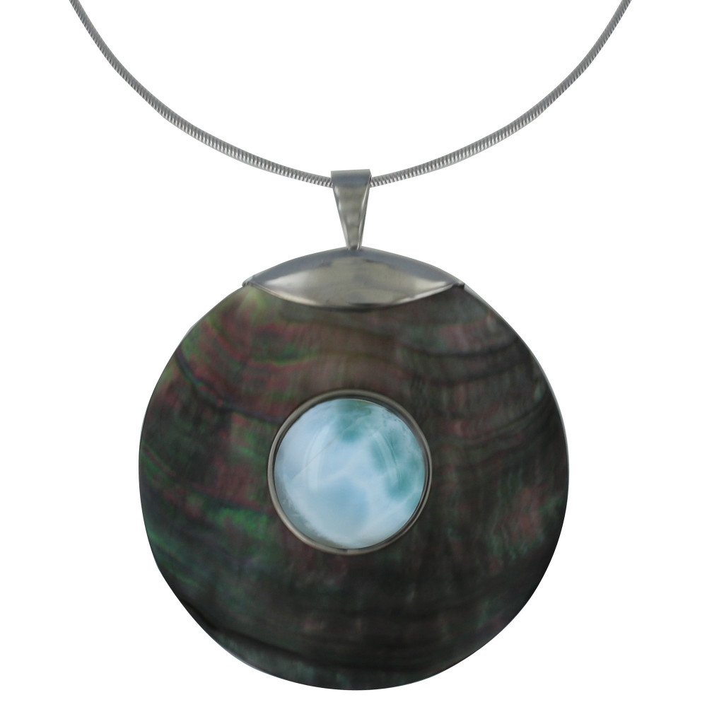 LES POULETTES BIJOUX Collier Chaine Serpent Argent Cercle de Nacre Grise et Grosse P