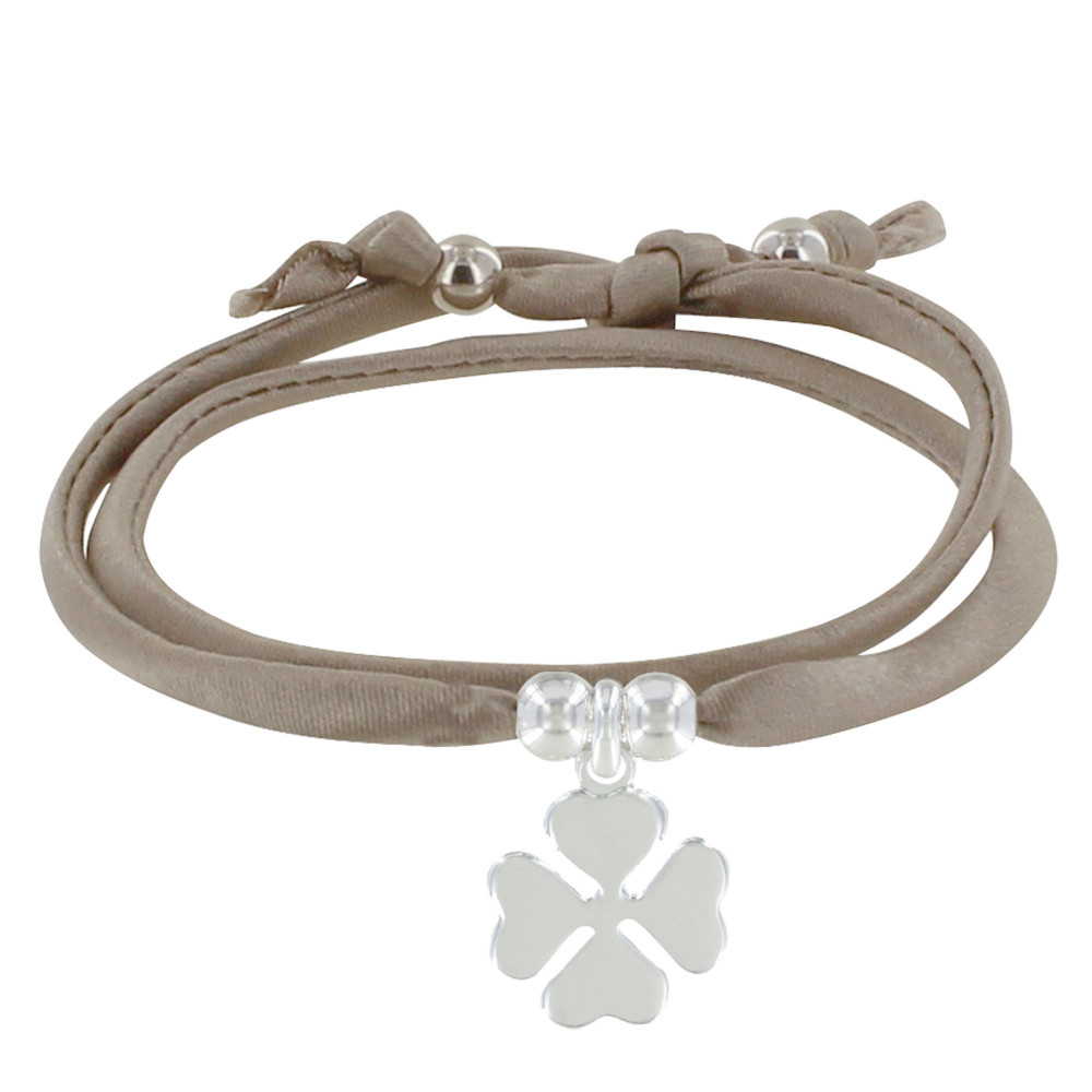 LES POULETTES BIJOUX Bracelet Double Tour Lien Satin et Trèfle Argent 925 - Beige