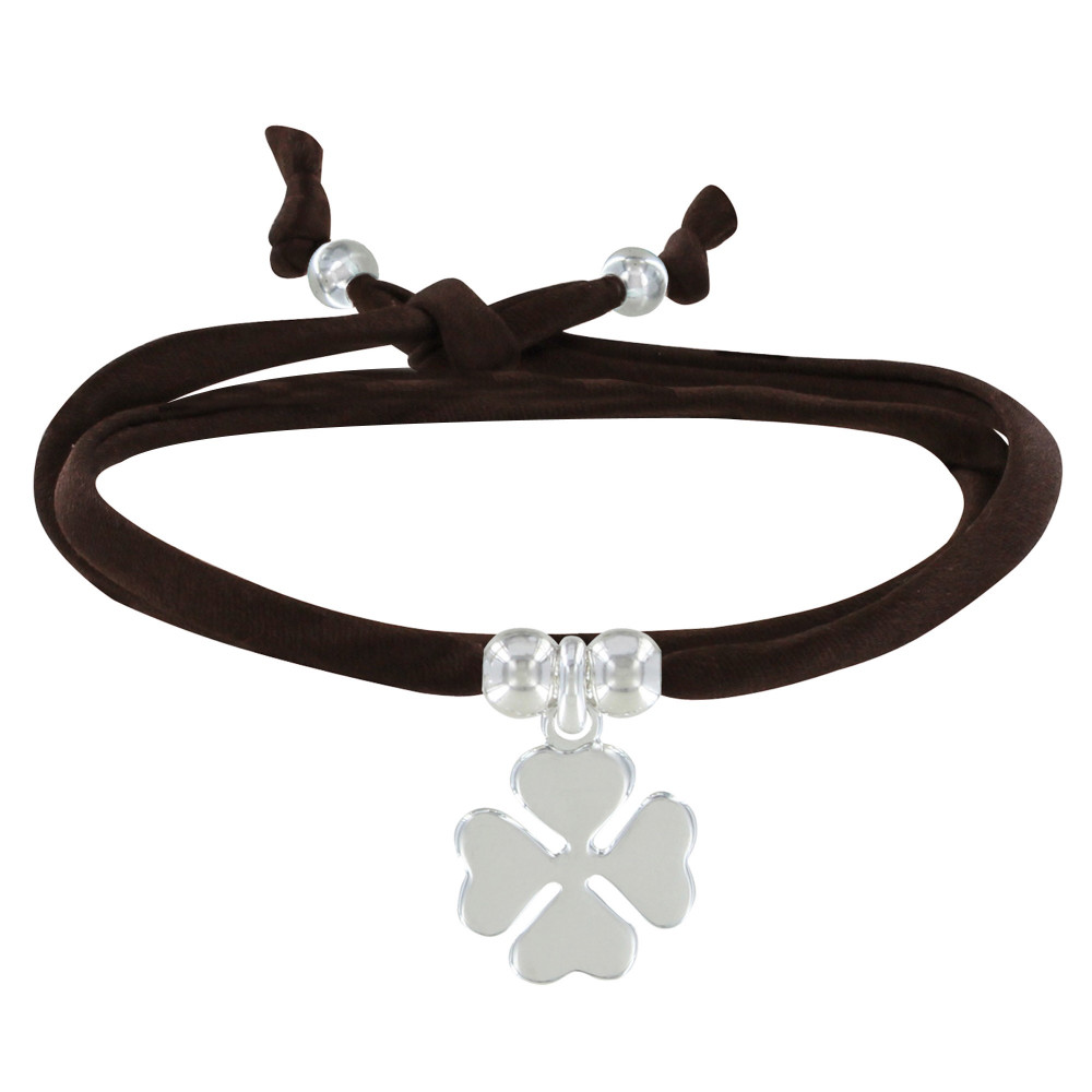 LES POULETTES BIJOUX Bracelet Double Tour Lien Satin et Trèfle Argent 925 - Marron f