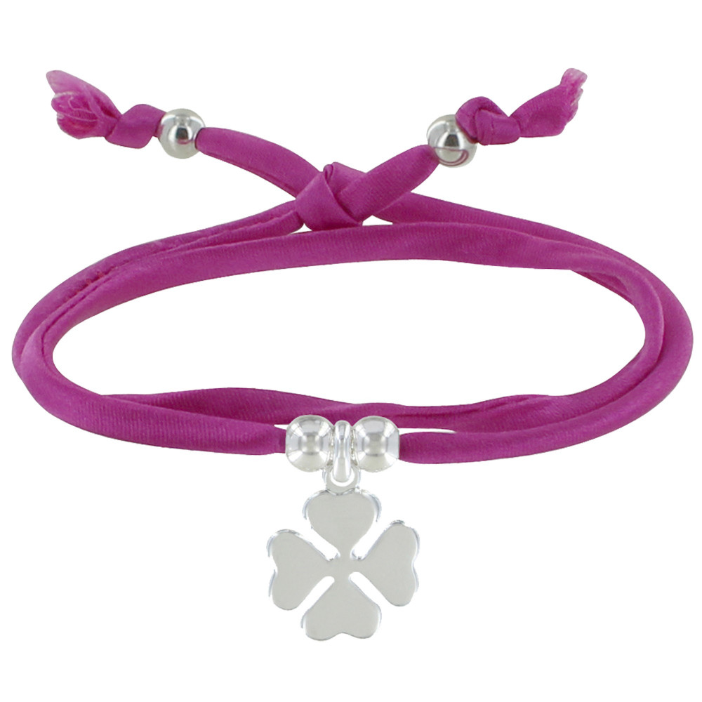 LES POULETTES BIJOUX Bracelet Double Tour Lien Satin et Trèfle Argent 925 - Fuchsia
