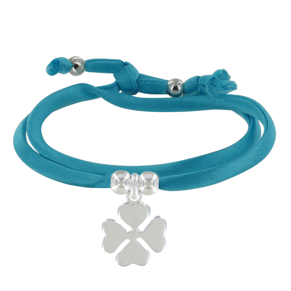 LES POULETTES BIJOUX Bracelet Double Tour Lien Satin et Trèfle Argent 925 - Turquoise