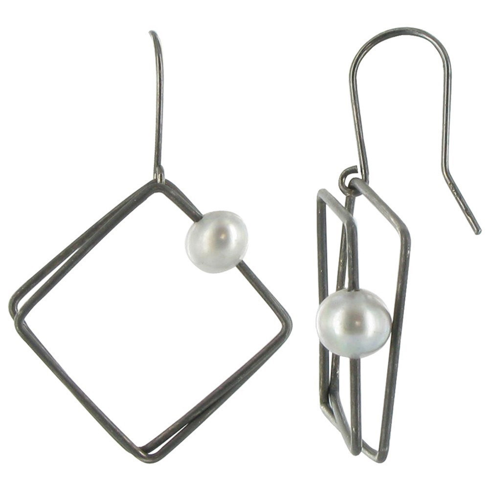 LES POULETTES BIJOUX Boucles d'Oreilles Argent 925 Oxydé Carré et sa Perle - Classic