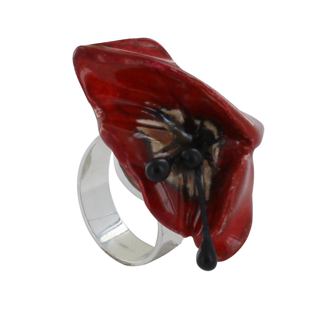 LES POULETTES BIJOUX Bague Métal Argenté Coquelicot Céramique Rouge Aplati