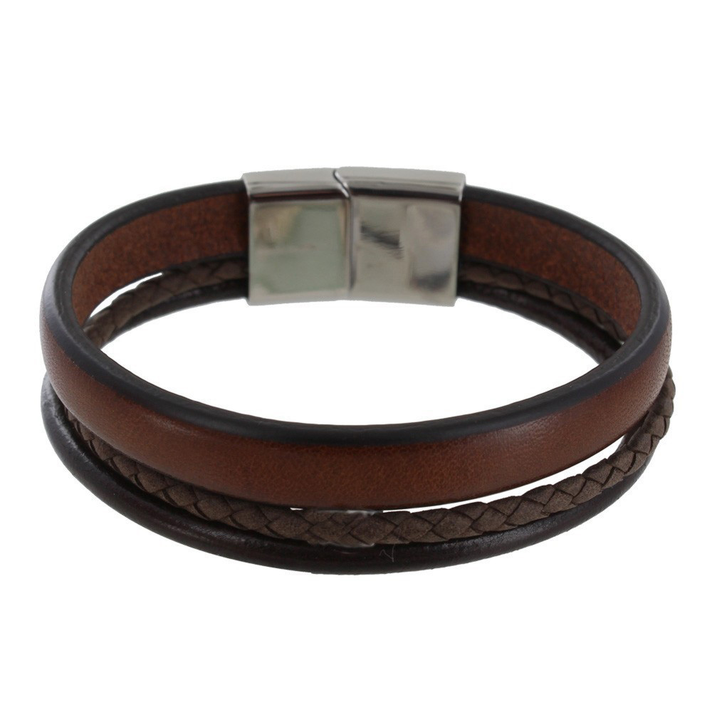 LES POULETTES BIJOUX Bracelet Homme Cuir Trois Lanières Fermoir Acier Inoxydable - C