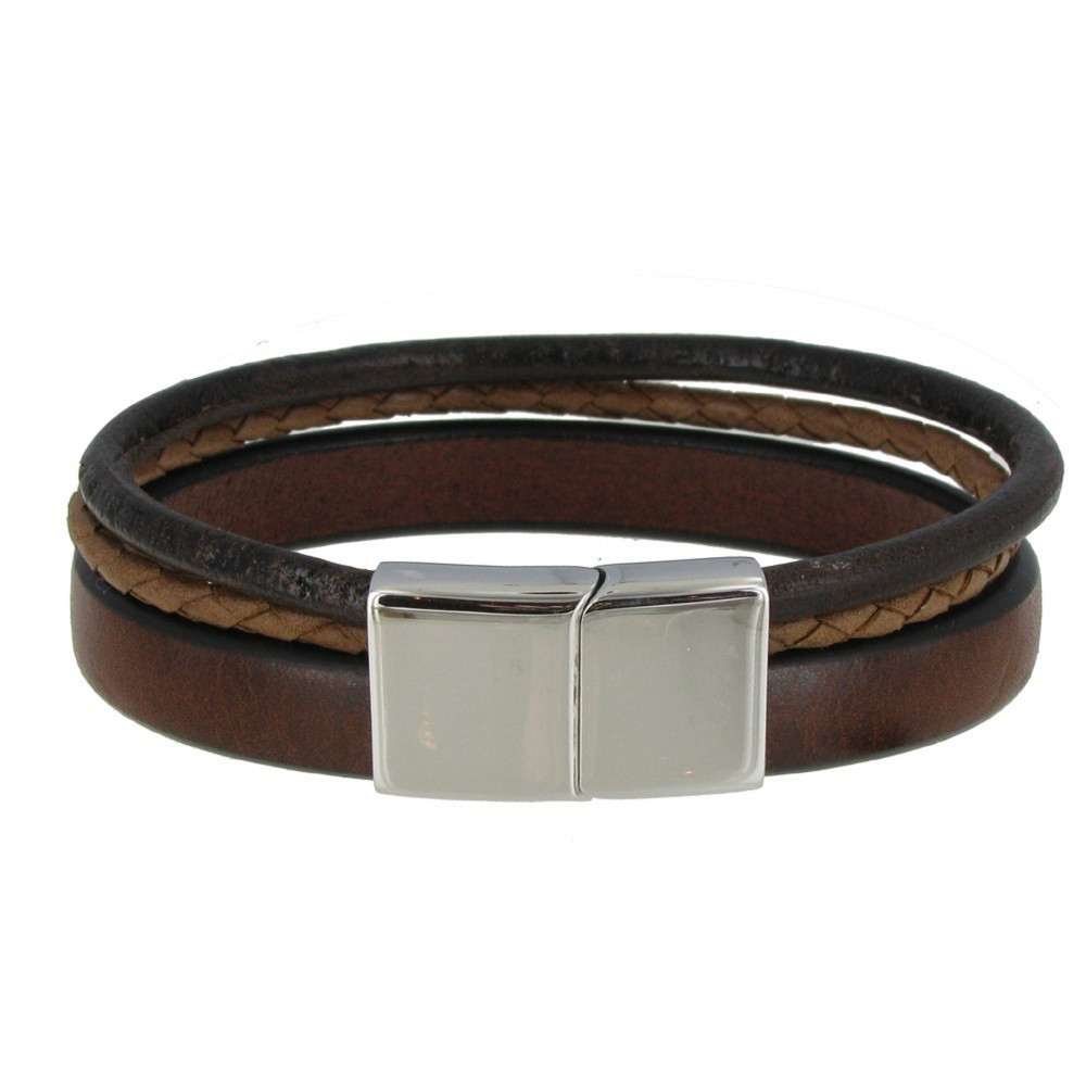 LES POULETTES BIJOUX Bracelet Homme Cuir Trois Lanières Fermoir Acier Inoxydable - C