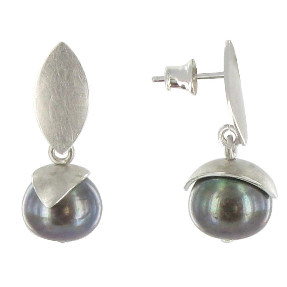 LES POULETTES BIJOUX Boucles d'Oreilles Argent 925 Rhodié Feuilles Perle de Culture