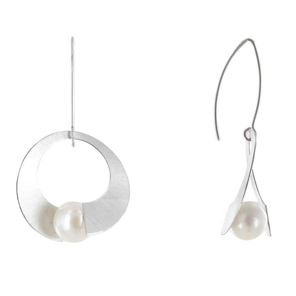 LES POULETTES BIJOUX Boucles d'Oreilles Argent 925 Rhodié Spirale et Perle de Cultur