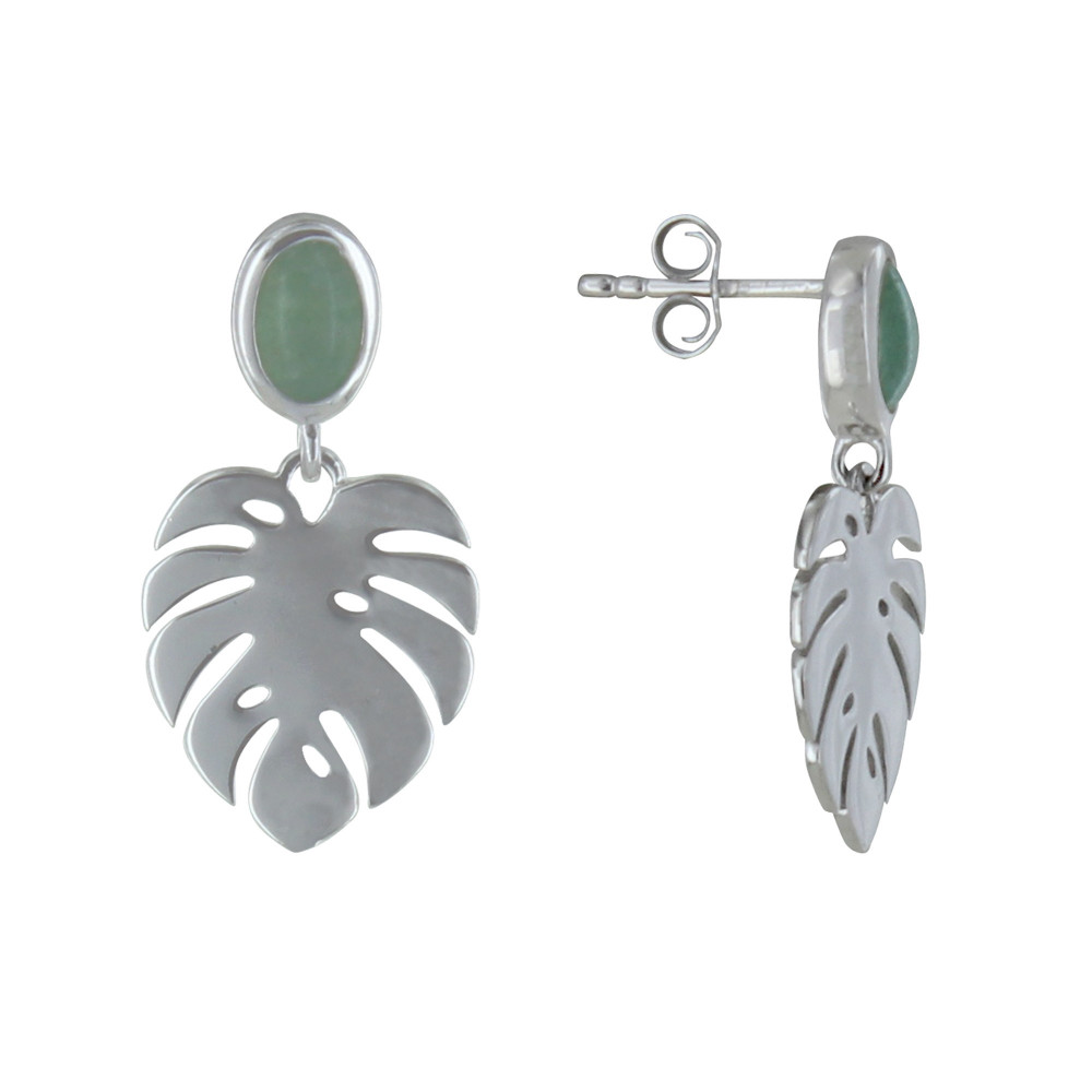 LES POULETTES BIJOUX Boucles d'Oreilles Argent Rhodié Feuille et Ovale d'Aventurine