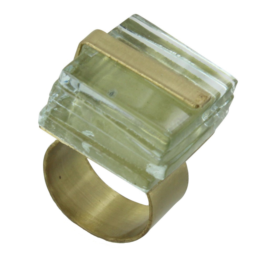 LES POULETTES BIJOUX Bague Cube en Laiton et Feuilleté en Verre - Classics - Blanc