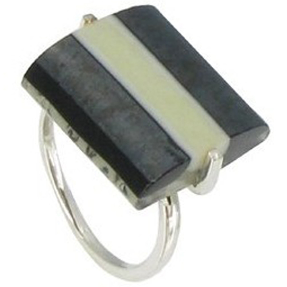 LES POULETTES BIJOUX Bague Argent Rayures Verre Rectangle Noire Bicolore - Classics