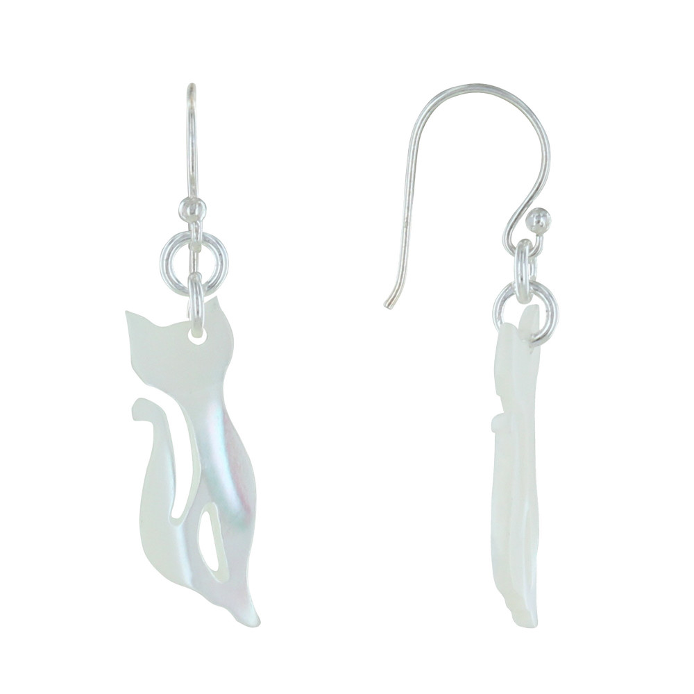 LES POULETTES BIJOUX Boucles d'Oreilles Argent Chat Nacre Ivoire