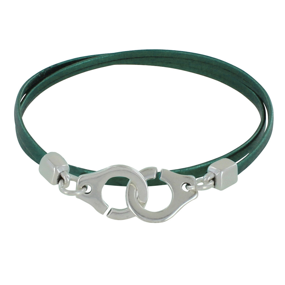 LES POULETTES BIJOUX Bracelet Plaqué Argent Menottes et Cuir Double Tour Fin - Class