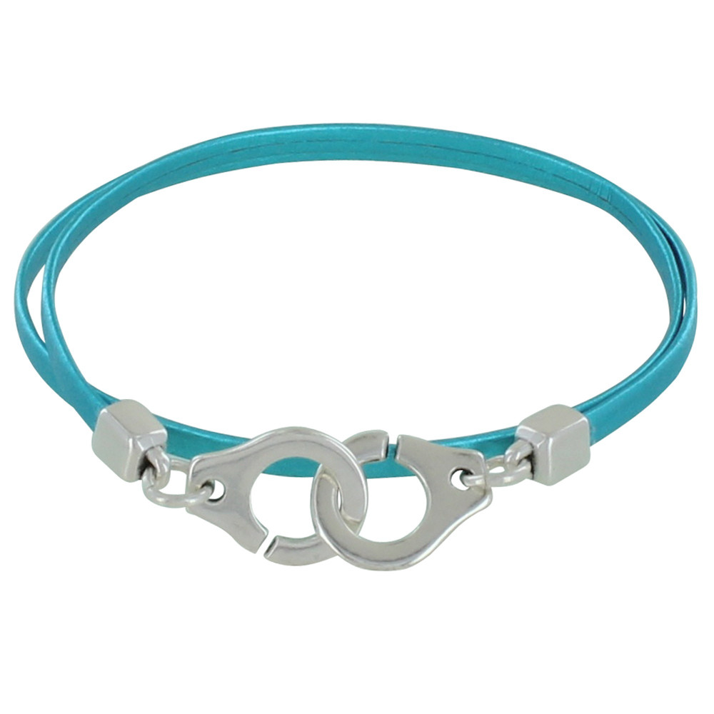 LES POULETTES BIJOUX Bracelet Plaqué Argent Menottes et Cuir Double Tour Fin - Class