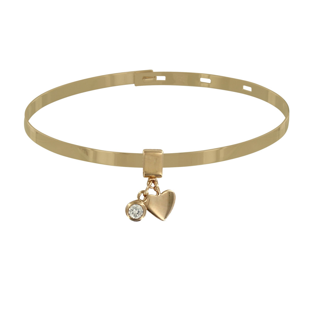 LES POULETTES BIJOUX Bracelet Plaqué Or Jonc Plat Fermeture Crochet Breloques Coeur