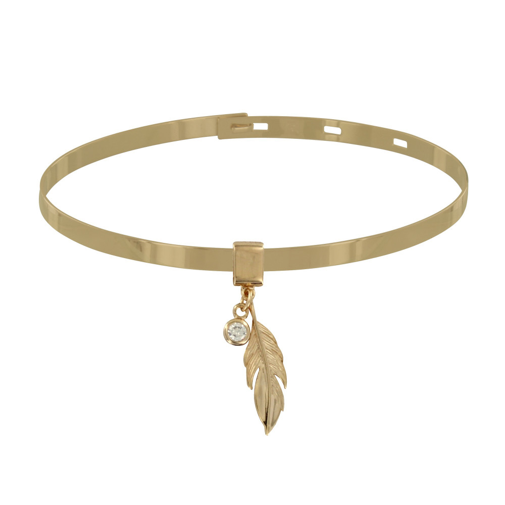 LES POULETTES BIJOUX Bracelet Plaqué Or Jonc Plat Fermeture Crochet Breloques Plume