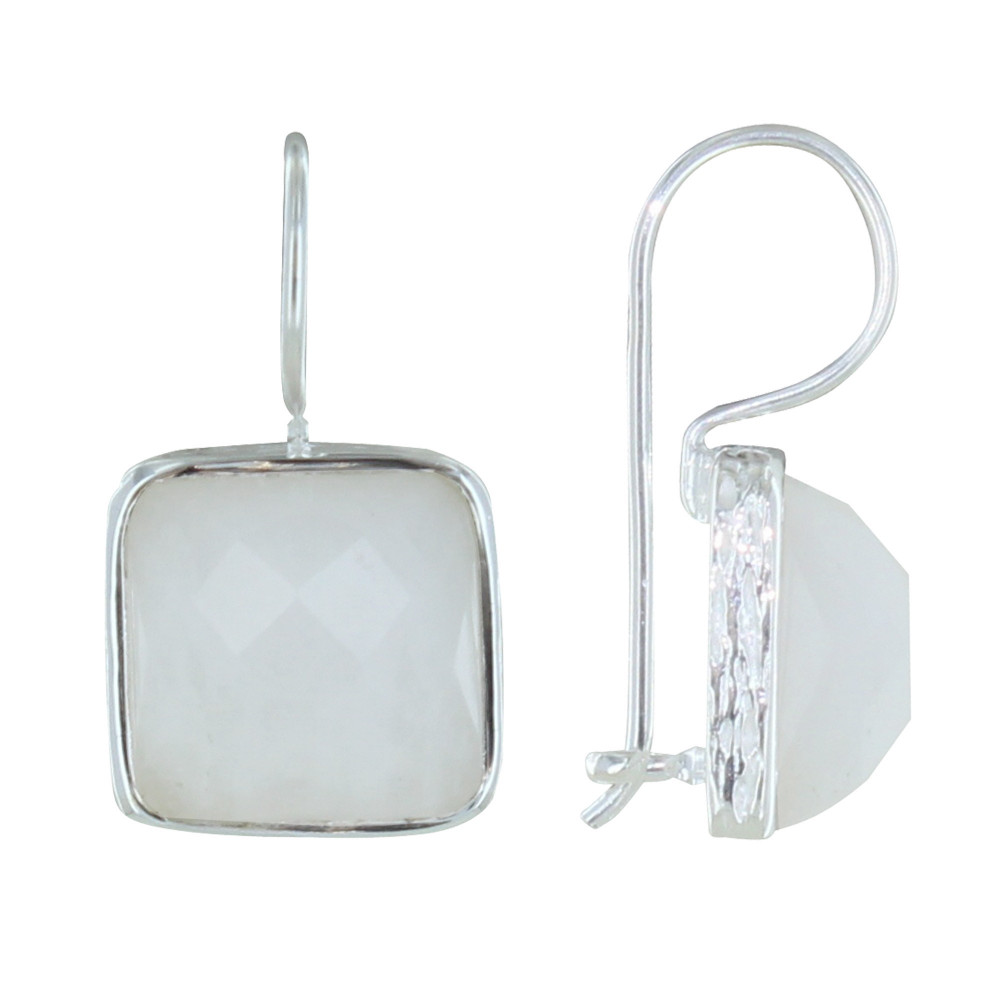 LES POULETTES BIJOUX Boucles d'Oreilles Argent Crochet Carré Facettée d'Agate Blanche