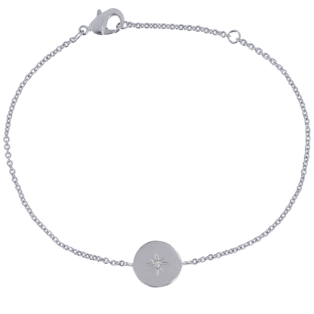 LES POULETTES BIJOUX - Bracelet Argent Rhodié Médaille Ronde Etoile Polaire et Strass