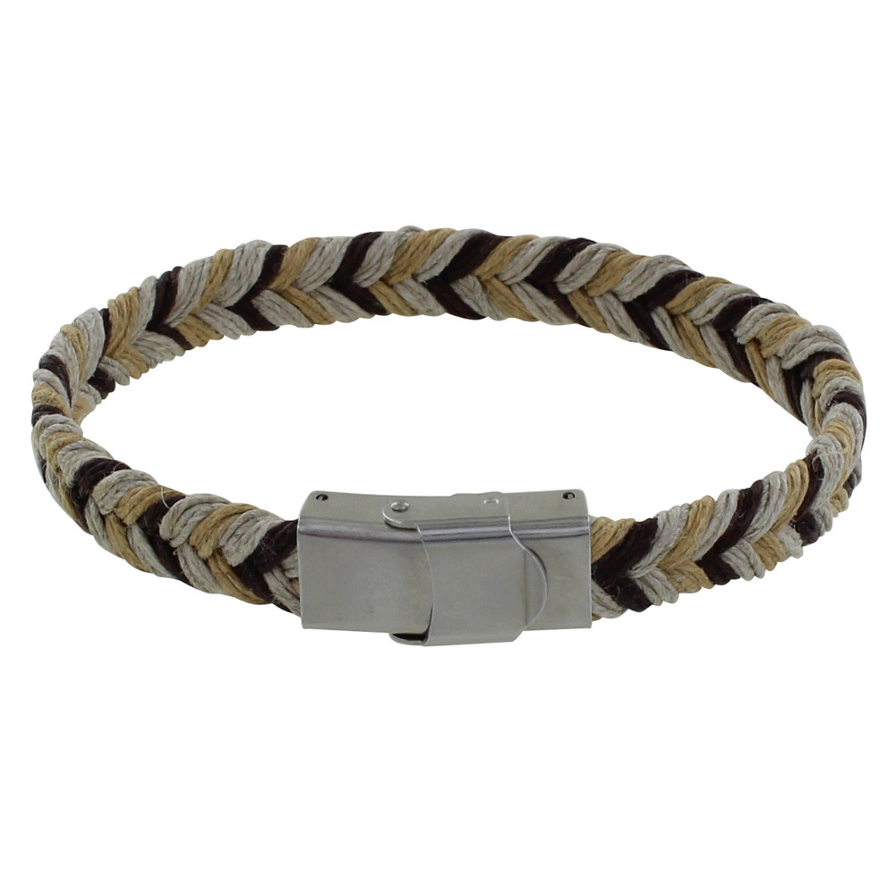 LES POULETTES BIJOUX Bracelet Homme Lin Tricolore Tressé Plat Fermoir Acier Inoxydab
