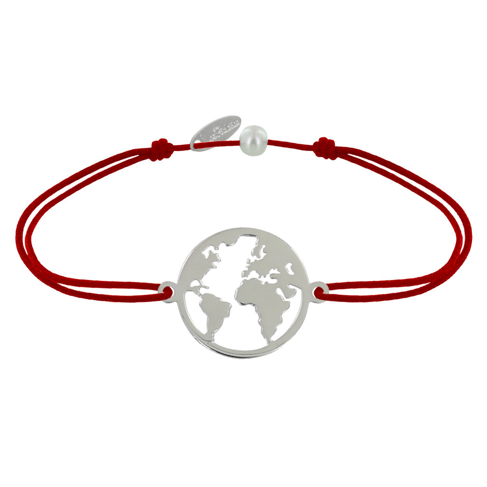 LES POULETTES BIJOUX - Bracelet Lien Médaille Argent 925 Ronde Mappemonde - Rouge
