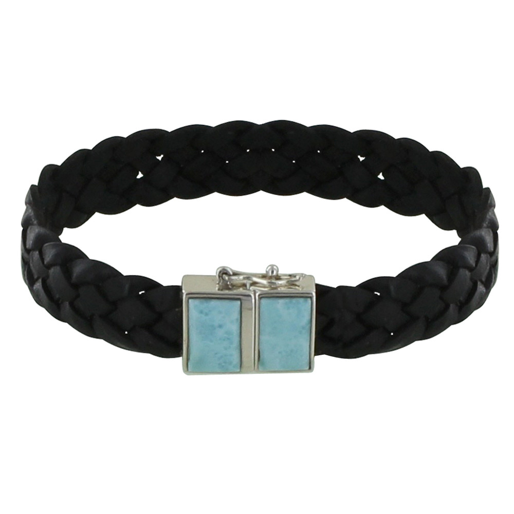LES POULETTES BIJOUX Bracelet Homme Tresse Cuir Noir et Deux Rectangles de Larimar -