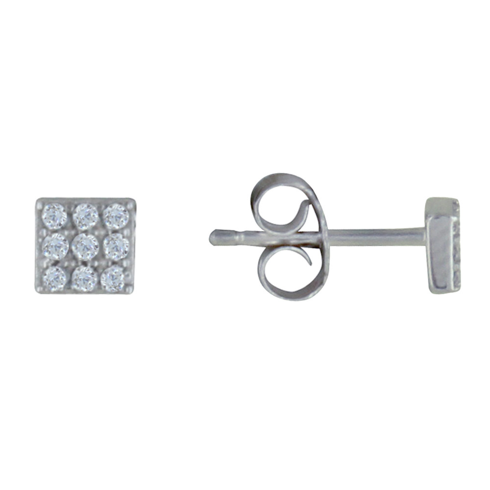 LES POULETTES BIJOUX Boucles d'Oreilles Argent Rhodié Petit Carré de Strass